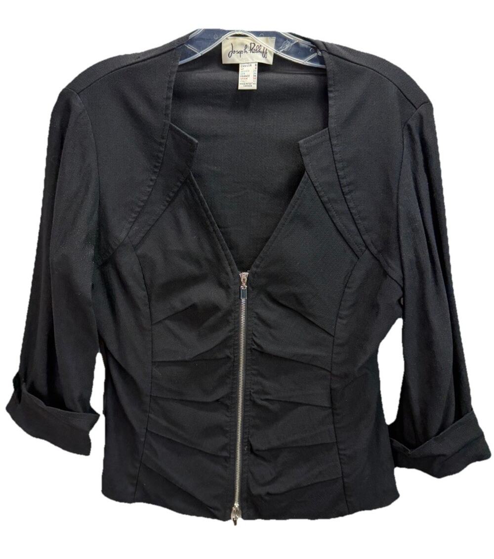 Joseph Ribkoff Jacket Women’s Sz 6 Black Full Zip 3/4 Sleeves Stretch Ruched